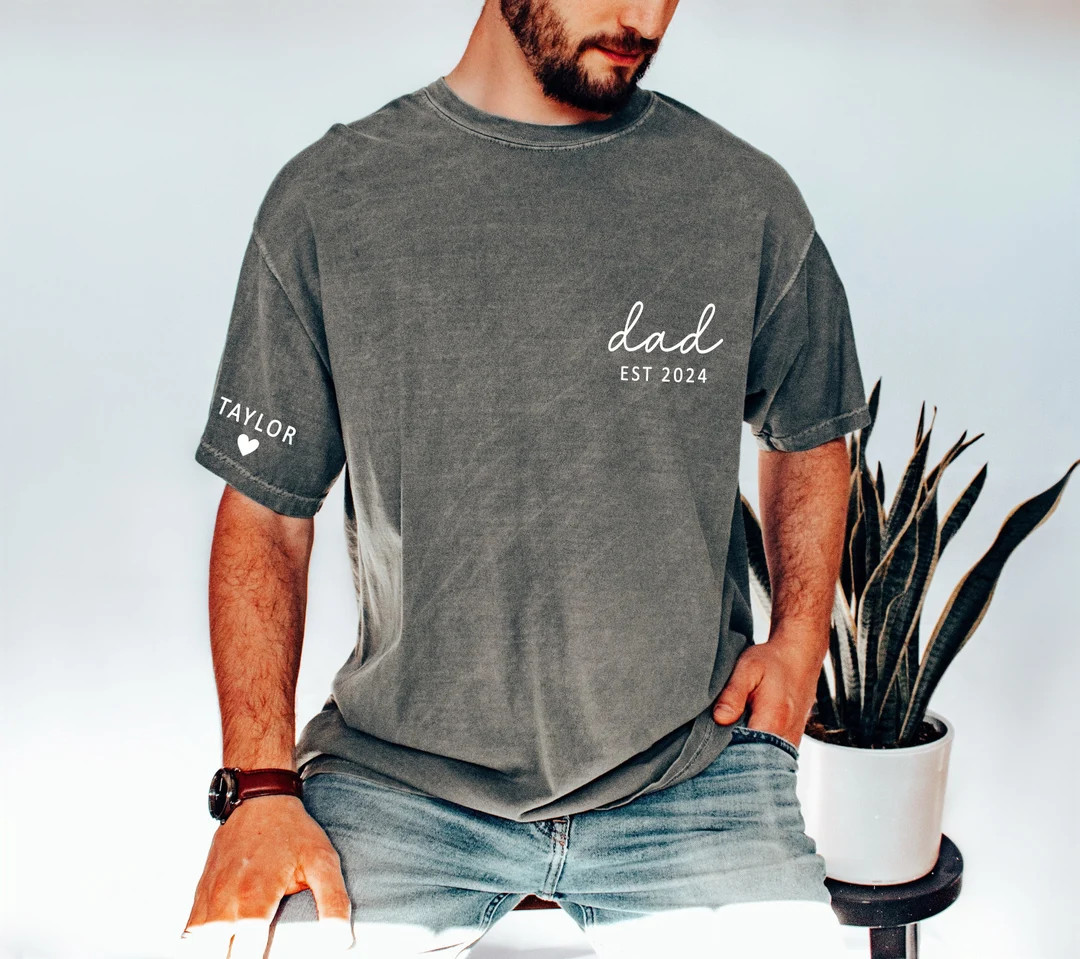 Personalized Dad Est Year T-shirt, Custom Children Names on Sleeve Shirt, Dada Est 2023 2024, Fat... | Etsy (US)