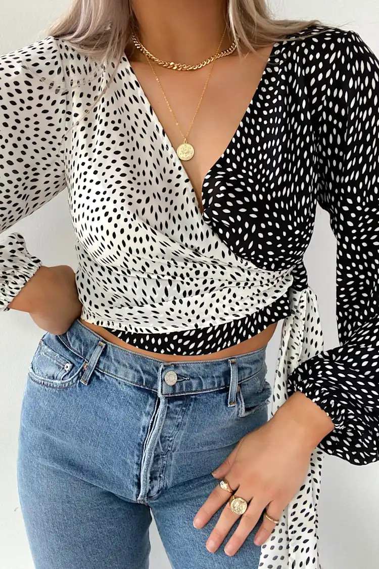 You Dot It Black and White Print Two-Tone Long Sleeve Wrap Top | Lulus (US)