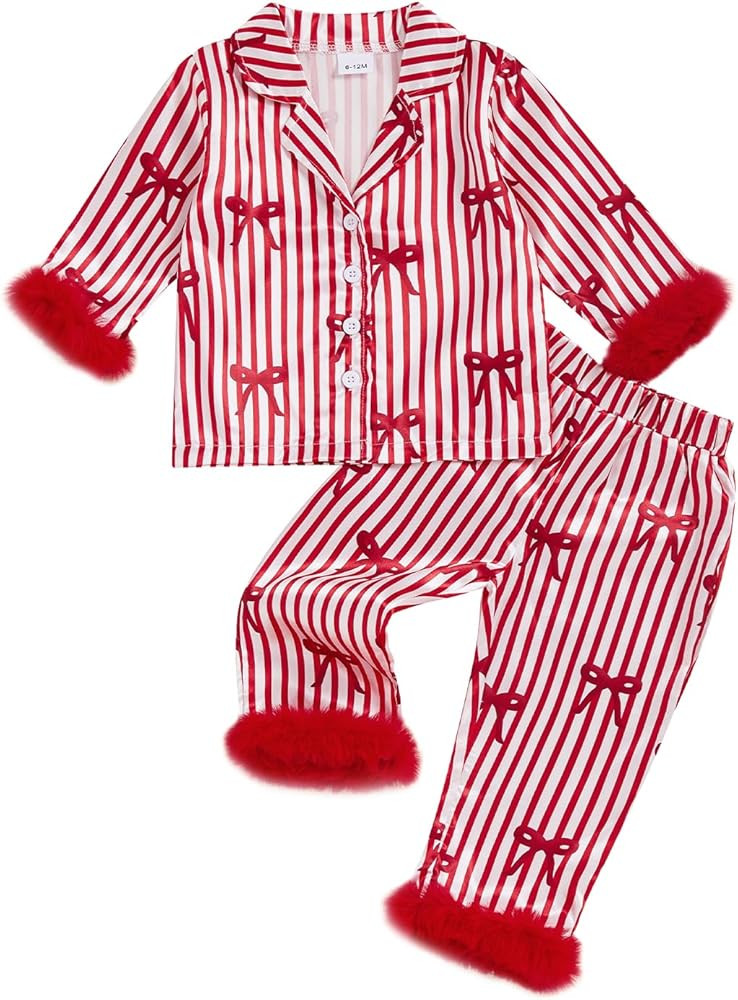 Kuriozud Kids Valentines Day Pajamas Toddler Girl Heart Bow Feather Trim Button Down Tops Pants G... | Amazon (US)
