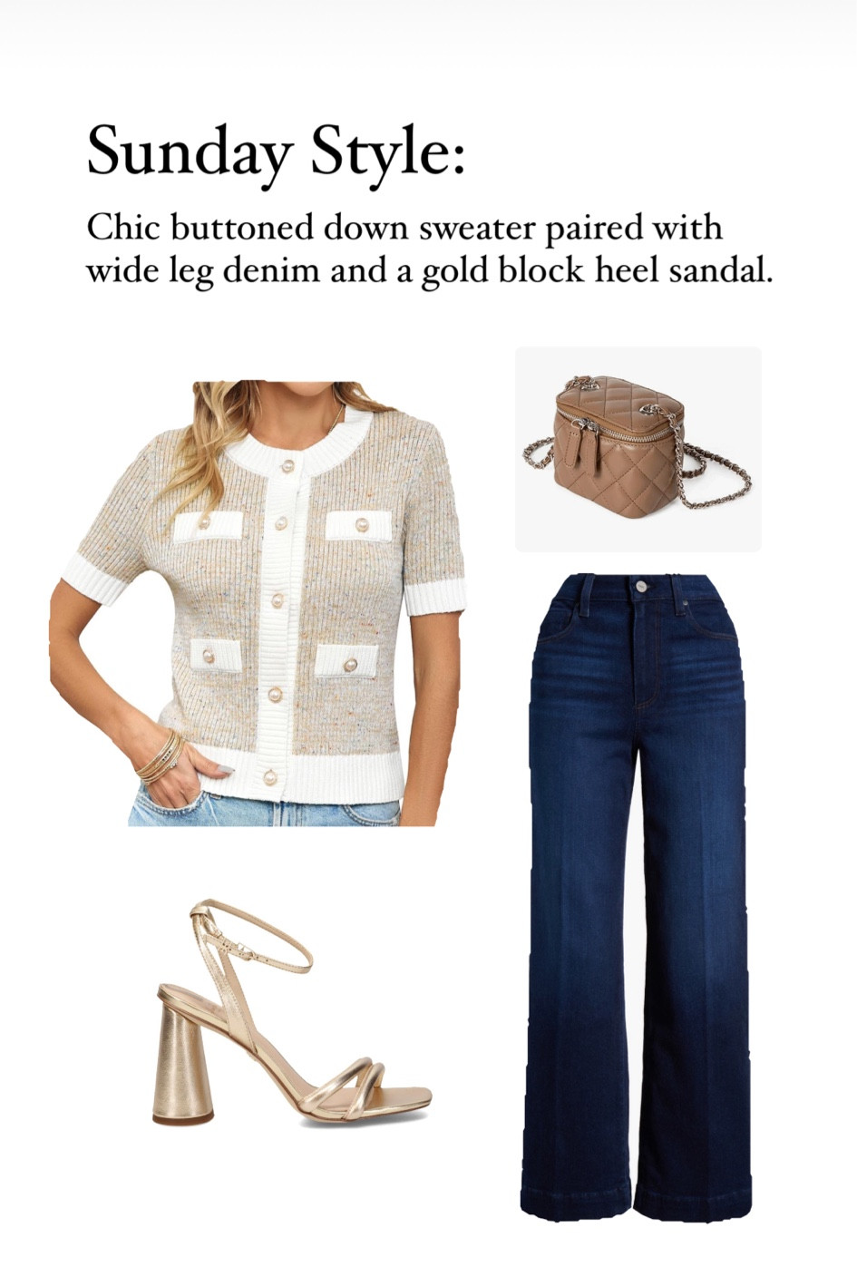 Summer to Fall outfit. Love the short sleeve buttoned down sweater, paired with wide leg denim. Perfectly matched with the gold block heel sandal for class and comfort! Small quilted vanity case for accessory. 
Fall Outfit 
Jeans 
Wide Leg Denim 
Summer to Fall Outfit 
OOTD 
Work Outfit 
Teacher Outfit 

#LTKWorkwear #LTKFindsUnder50 #LTKSeasonal