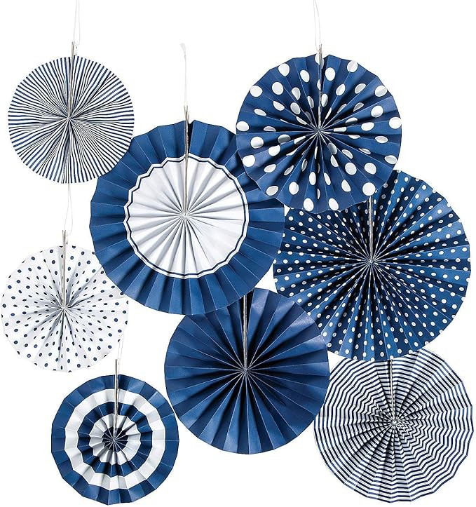 Navy Blue Hanging Paper Fan Assortment - Party Decor - 8 Pieces | Amazon (US)