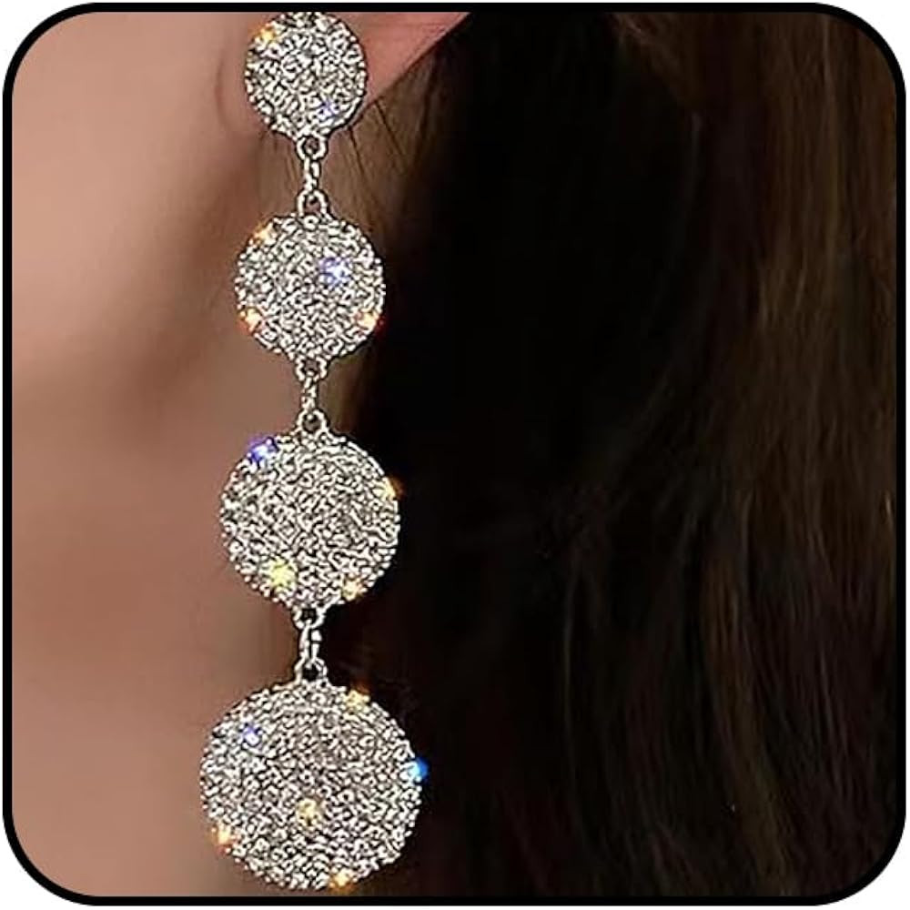 14K Gold Round Rhinestone Drop Dangle Earrings for Women,Shiny Long Zircon Dangling Earrings,Silv... | Amazon (US)