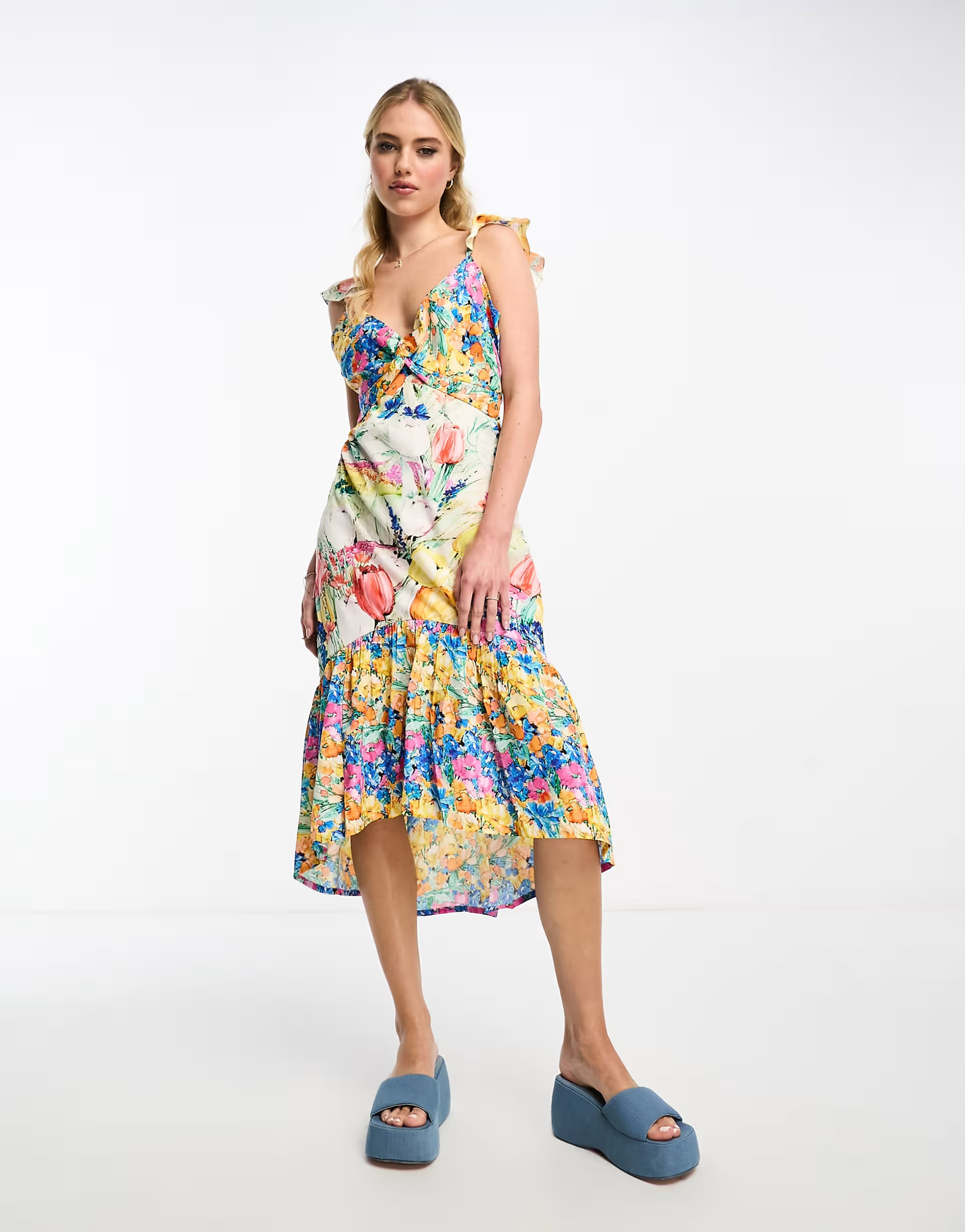Hope & Ivy twist front high low midi dress in bright floral | ASOS (Global)