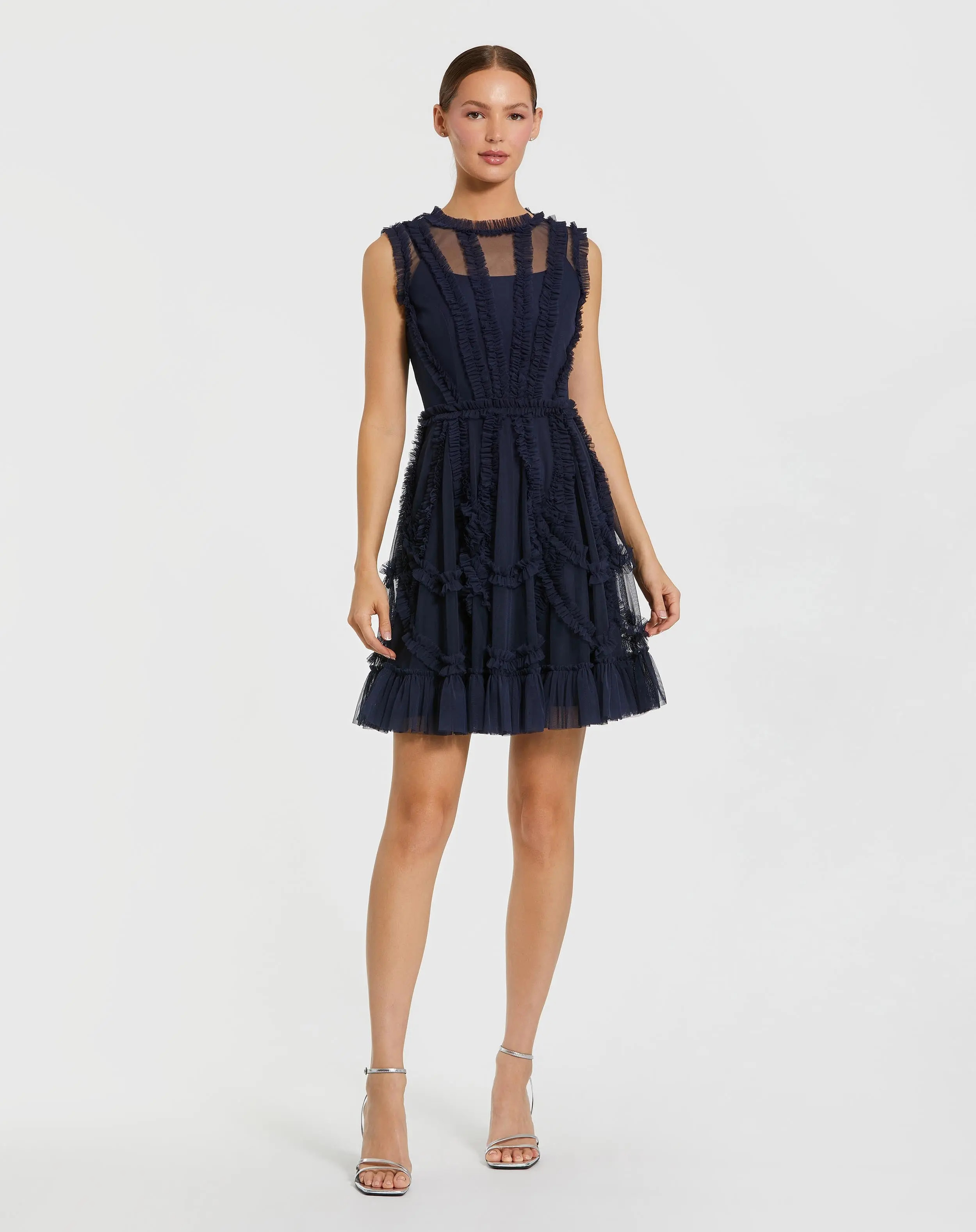 Navy High Neck Sleeveless Micro Ruffle Mini Dress | Mac Duggal | Mac Duggal