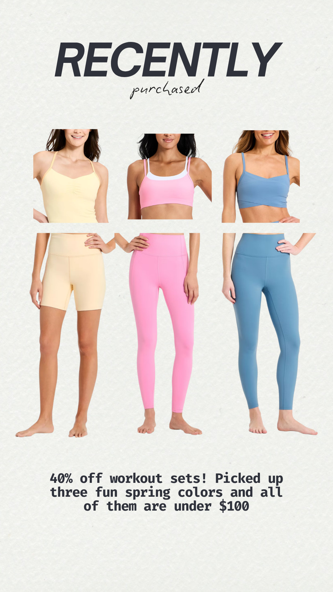 cute spring workout sets currently 40% off! Picked up all three of these under $100!

workout sets, clean girl outfit, matching set, activewear set, pilates outfit, pilates set, athleisure sets, trendy workout clothes, hot girl walk outfit, workout set sale, workout sets under $50, target finds 

 #LTKootd #LTKActive #LTKSaleAlert