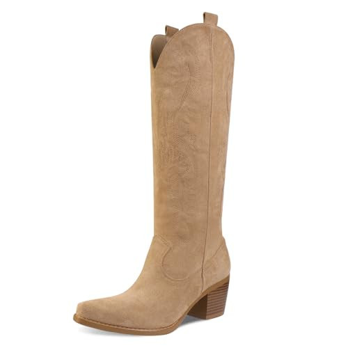 UBWDU Suede Cowboy Knee High Boots Women Pointed Toe Chunky Heel Embroidered Western Cowgirl Boots Apricot 9.5 | Amazon (US)