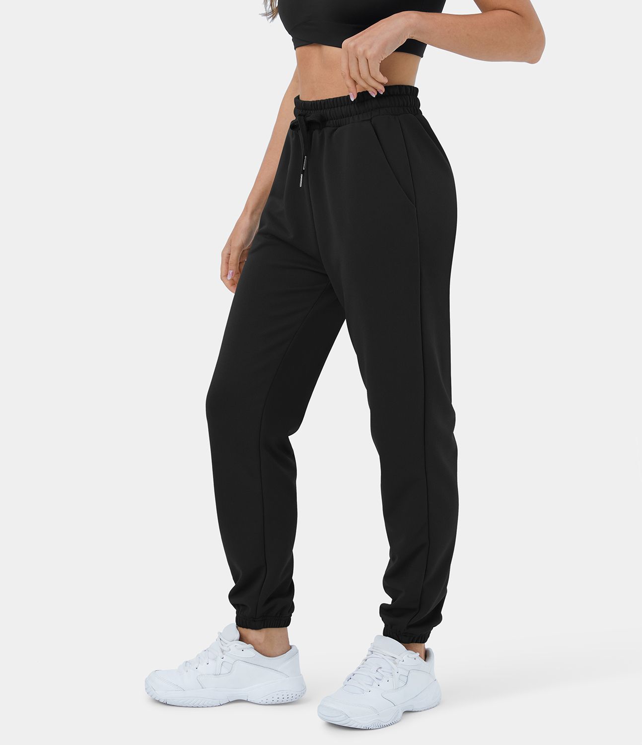 High Waisted Drawstring Side Pocket Plain Casual Cotton Sweatpants | HALARA