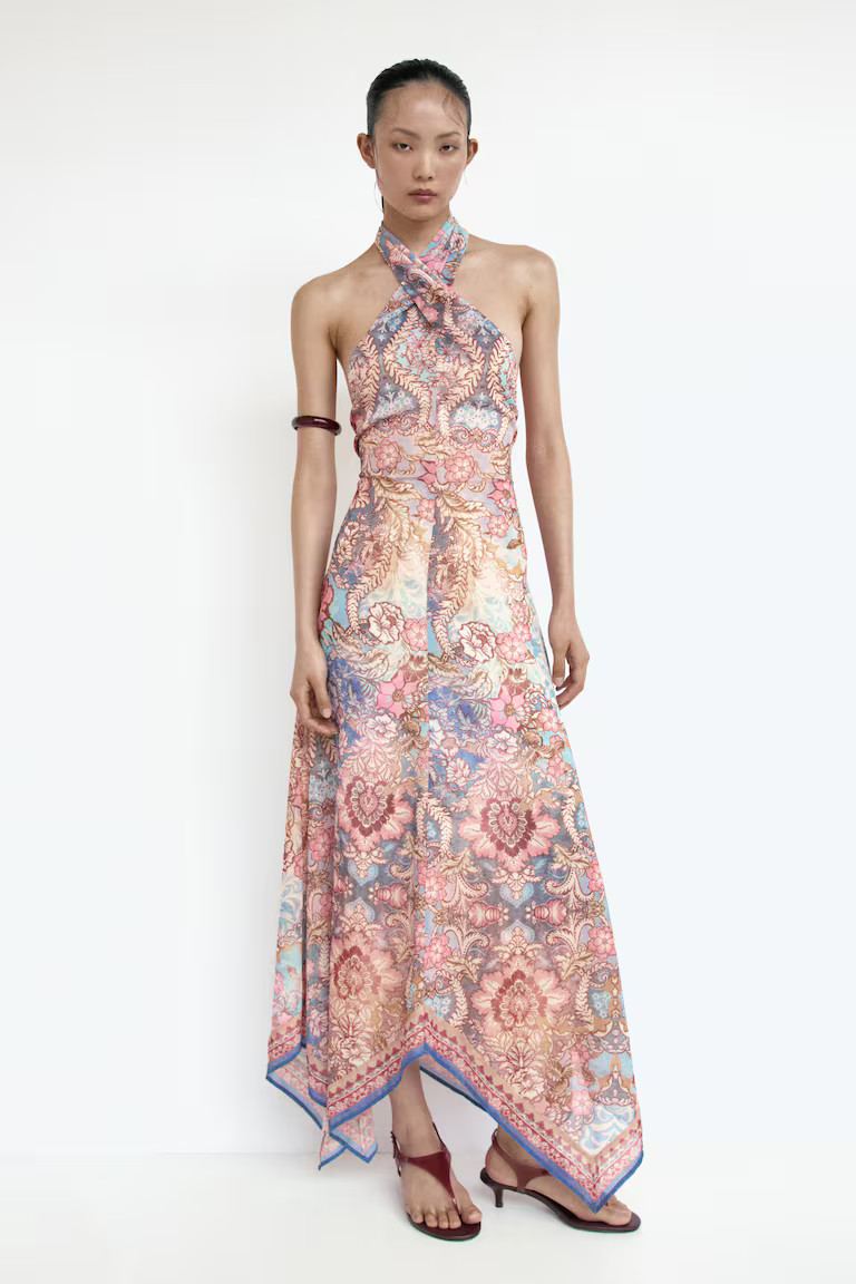 H & M - Chiffon Halterneck Dress - Light Beige/Patterned | H&M (US, CA, MX)