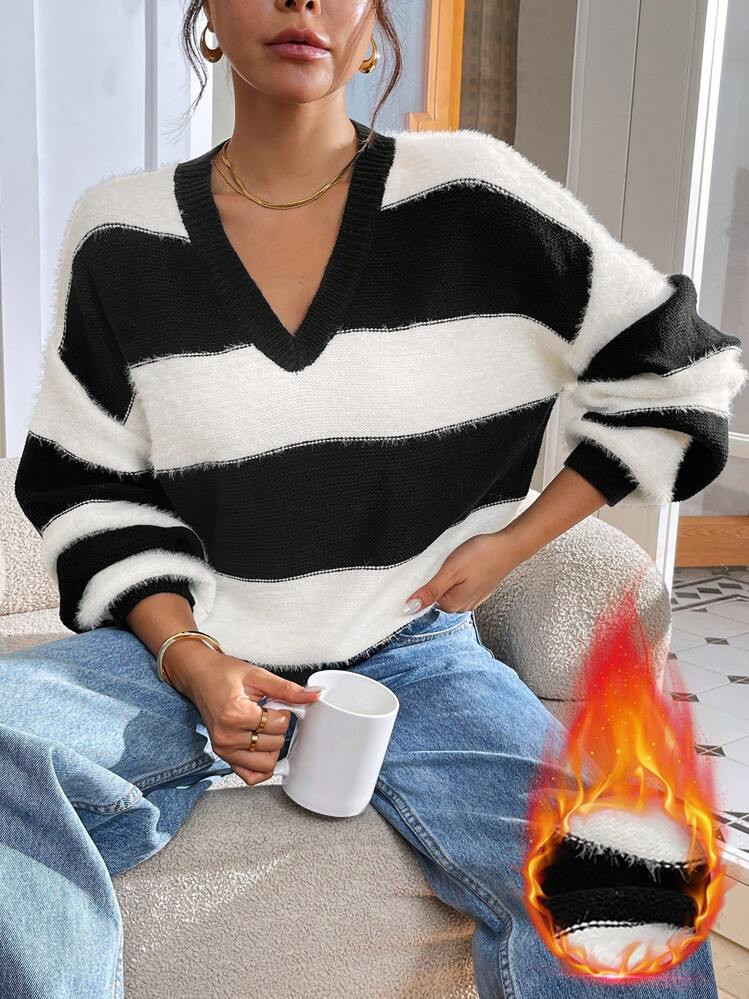 SHEIN Essnce Women's Casual Colorblocked Knitted Sweater, Spring And Autumn, Fuzzy Sweater, Women Sweaters, Winter Women Clothes | SHEIN