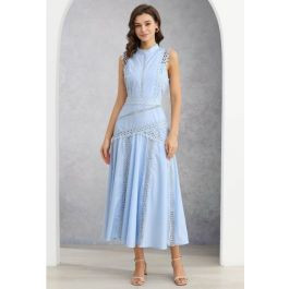 Dive into Elegance Lace Panelled Sleeveless Dress in Baby Blue for Beach Getaways & Garden Partie... | Chicwish