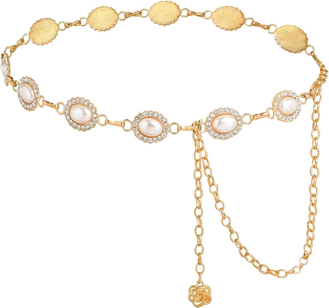 WELROG Metal Waist Chain Belt for Women - Pearls Gold Silver Chain Belts for Dresses Jeans | Amazon (US)