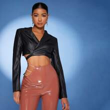 Lapel Neck Tie Back Crop PU Leather Blazer | SHEIN