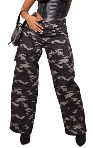 Generic Women's Camo Cargo Pants, Plus Size, High Waist, Straight Leg, Camo Print, Loose Fit, Army Green, Size X-Large | Amazon (US)