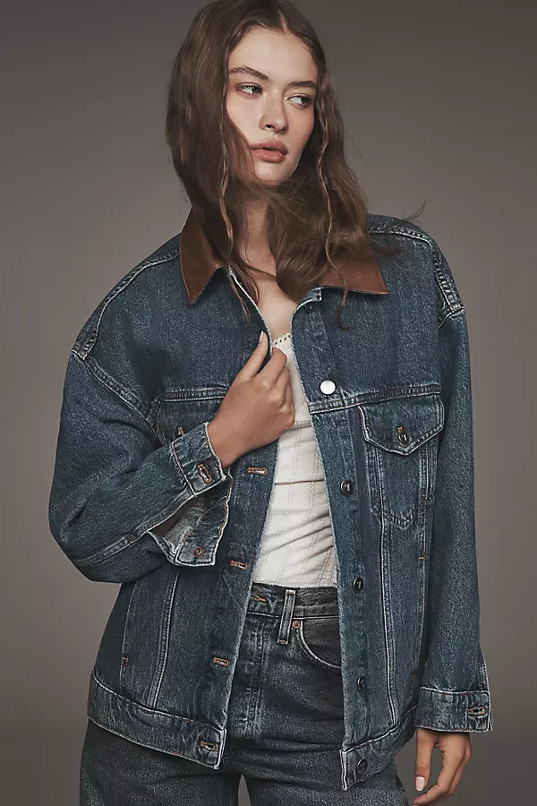 The Weston Leather-Collar Denim Boyfriend Jacket by Pilcro | Anthropologie (US)