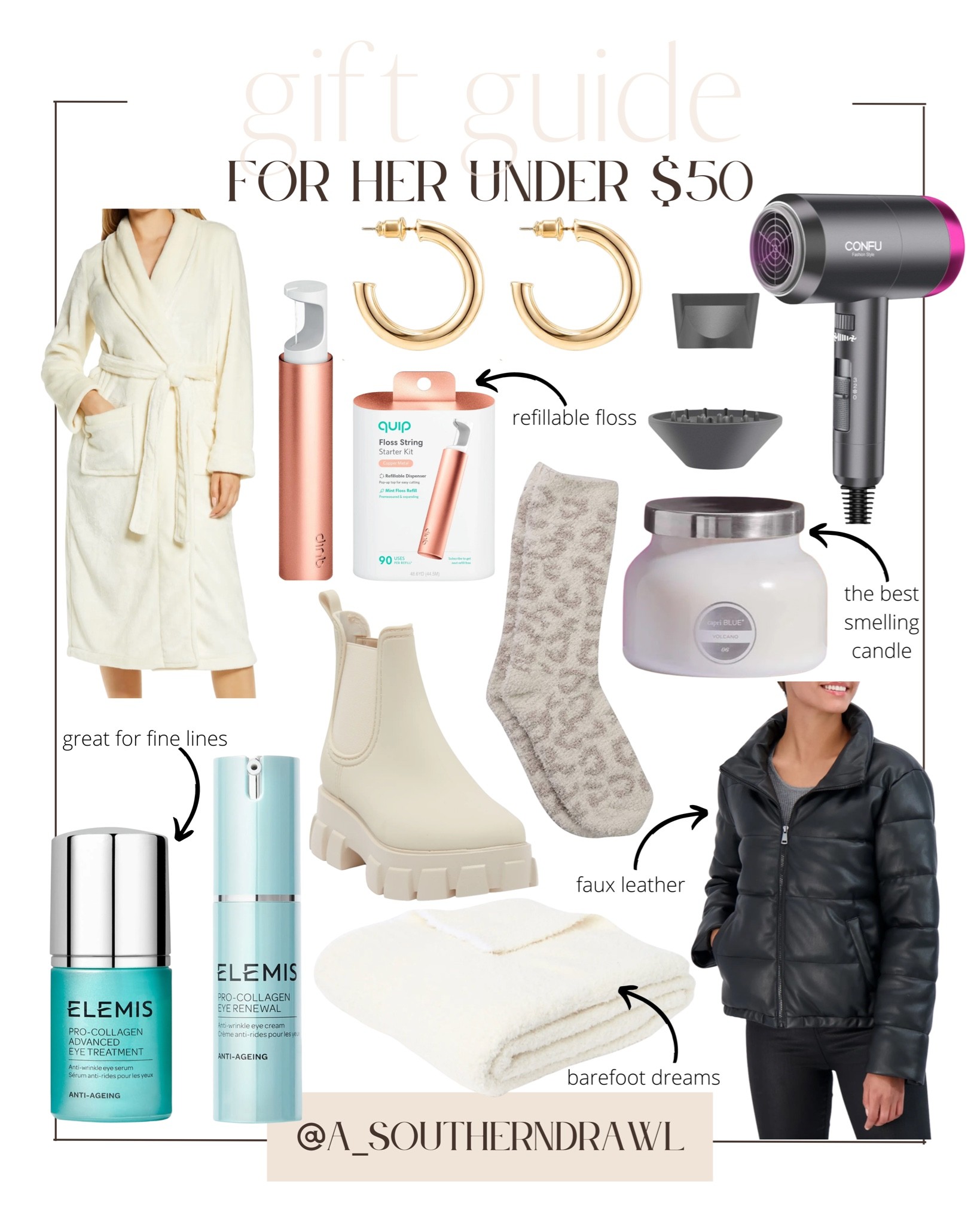 Gifts for her - gift idea for her - hair dryer - gold hoop earrings - fall booties - faux leather jacket - robe - gifts for mom 

#LTKstyletip #LTKbeauty #LTKHoliday