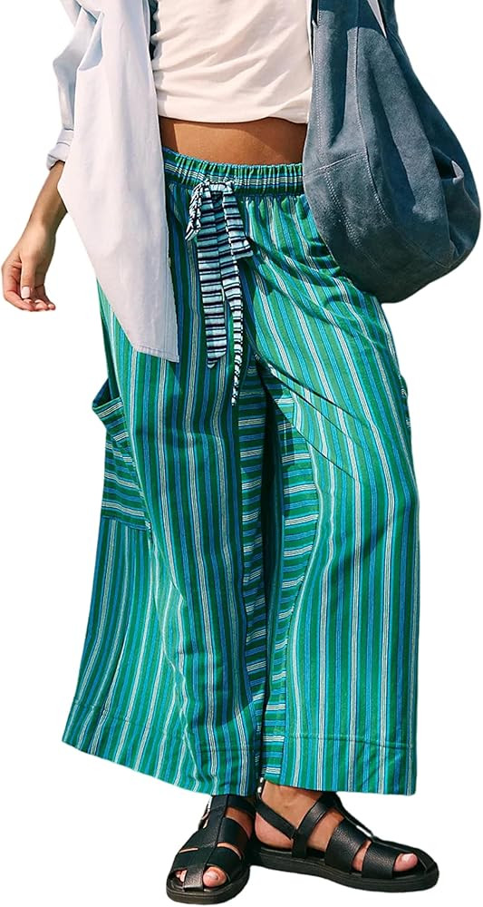 Bankeng Women Drawstring Striped Pants Loose Wide Leg Lounge Pants Casual Palazzo Pants Trousers ... | Amazon (US)