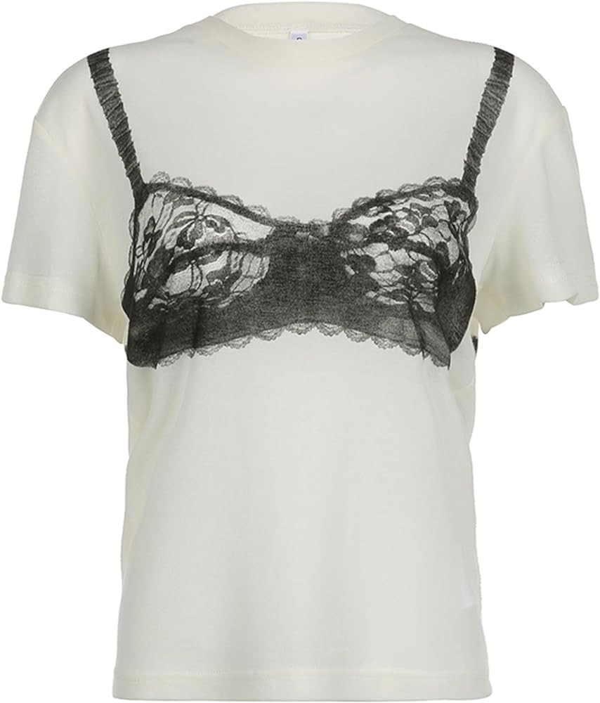 y2k Loose White T-Shirt Chic Lace See-Through Corset Print Short Sleeve Crewneck Women's Crop Top... | Amazon (US)