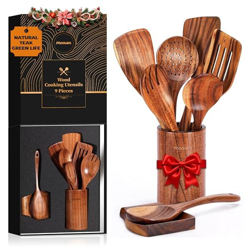 Mooues Wooden Spoons for Cooking, Wooden Utensils for Cooking Natural Teak Wooden Kitchen Utensils Set Comfort Grip(9 PCS SET GIFT BOX) | Amazon (US)