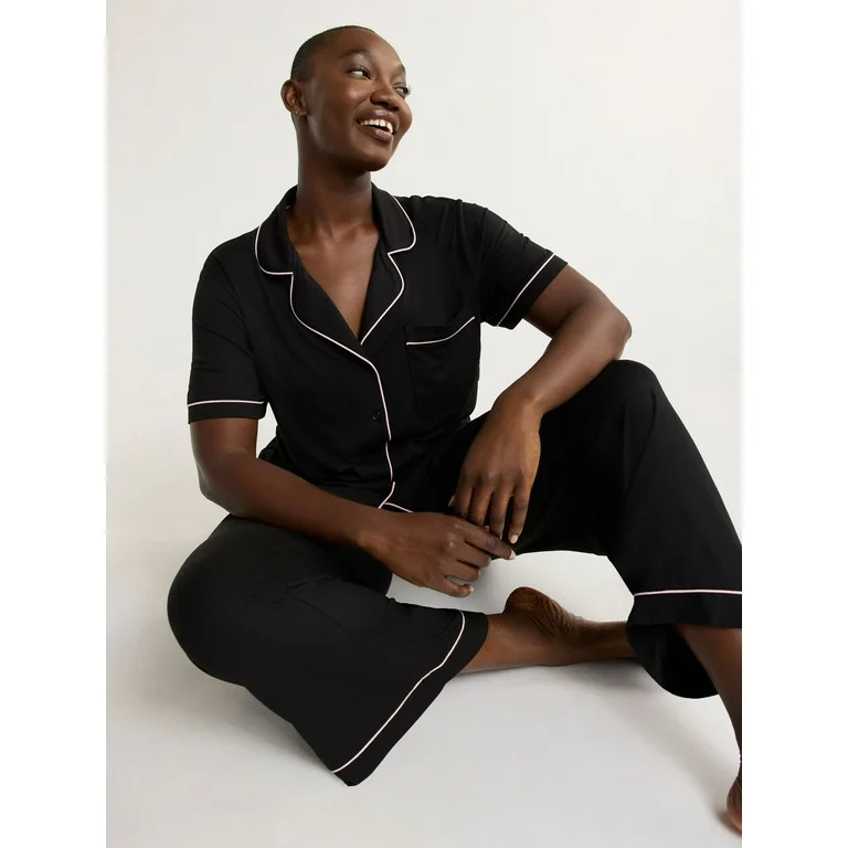 Joyspun Women's Short Sleeve Notch Collar Knit Top & Capri Pajama Set, 2-Piece, Sizes XS-3X | Walmart (US)