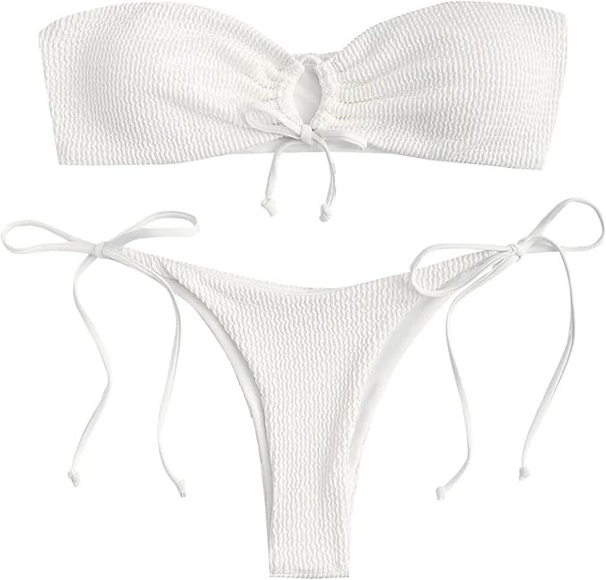 ZAFUL Womens Ruched Bandeau Bikini Set High Cut Swimwear Lace up Padded Swimsuits 2 Pieces Bathin... | Amazon (US)