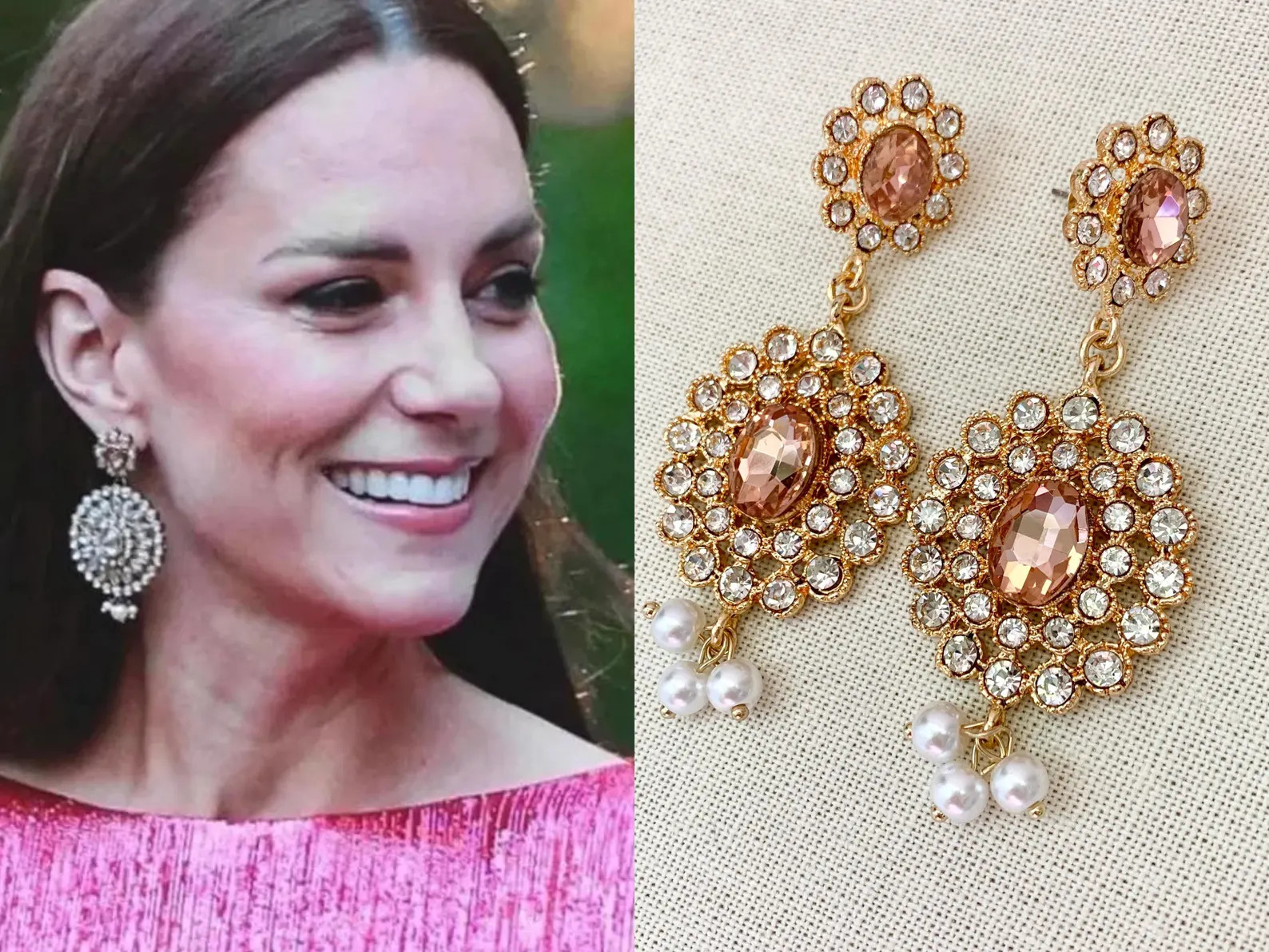 Kate Middleton Peach Clear Rhinestone Oval Gold Plated White Pearl Chandelier Earrings | Etsy (US)