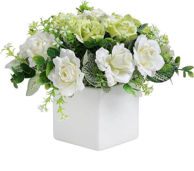 MyGift Artificial White Rose, Fake Flower Bouquet Arrangement in Square White Ceramic Vase Plante... | Amazon (US)
