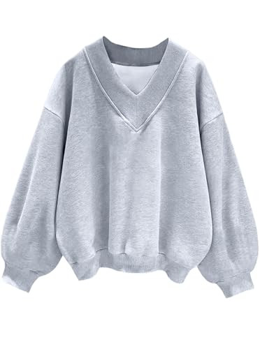 Hilinker Womens V Neck Oversized Sweatshirts Cute Pullover Drop Shoulder Long Sleeve Tops Grey 3X-Large | Amazon (US)