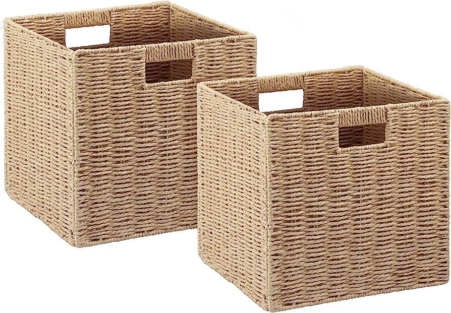 2 Pack Wicker Baskets, Graciadeco Hand-Woven Paper Rope Storage Baskets Woven, Foldable Storage C... | Amazon (US)