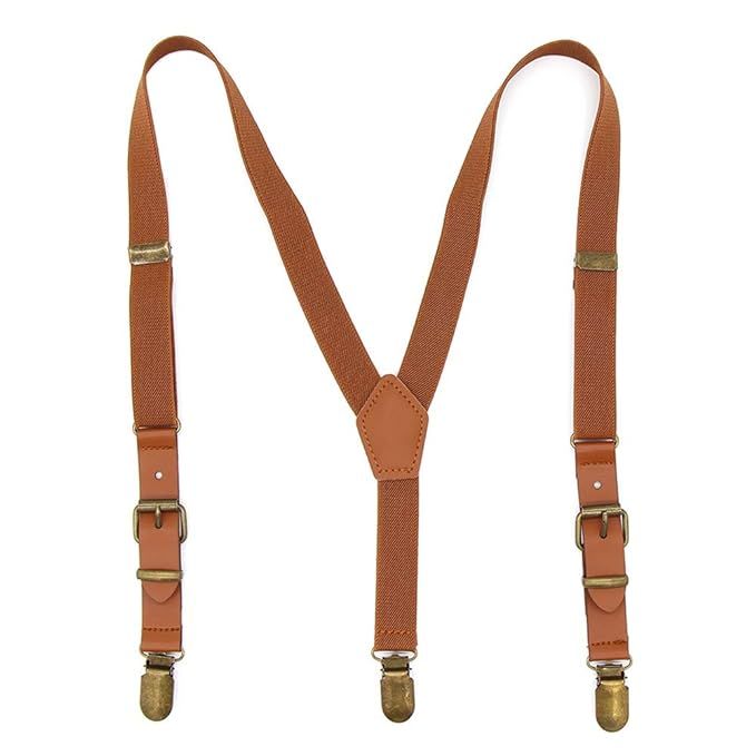 Suspenders for Kids Elastic Boys Pant Suspenders Y Back Tuxedo Braces with Brown Leather and Bron... | Amazon (US)