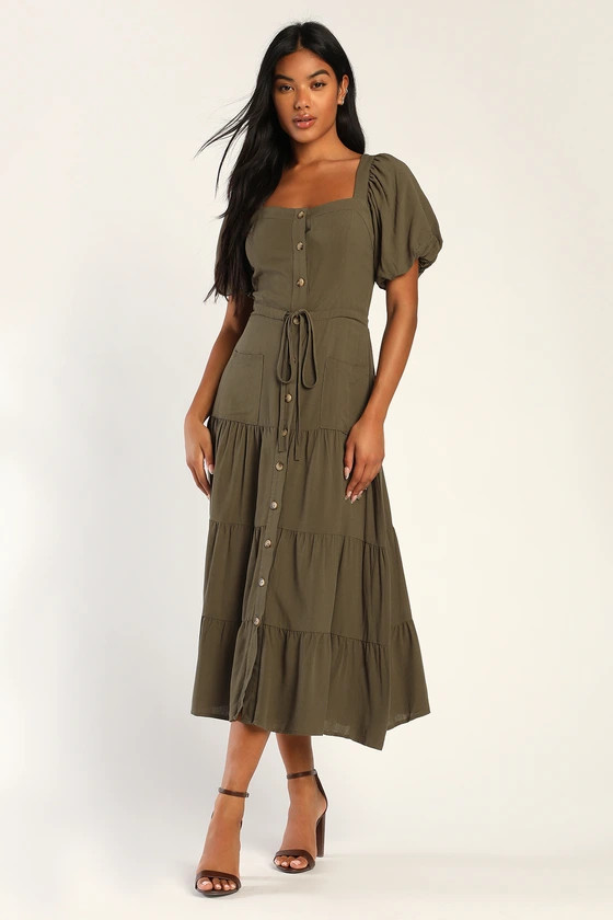 Got All That Olive Puff Sleeve Tiered Midi Dress With Pockets | Lulus (US)