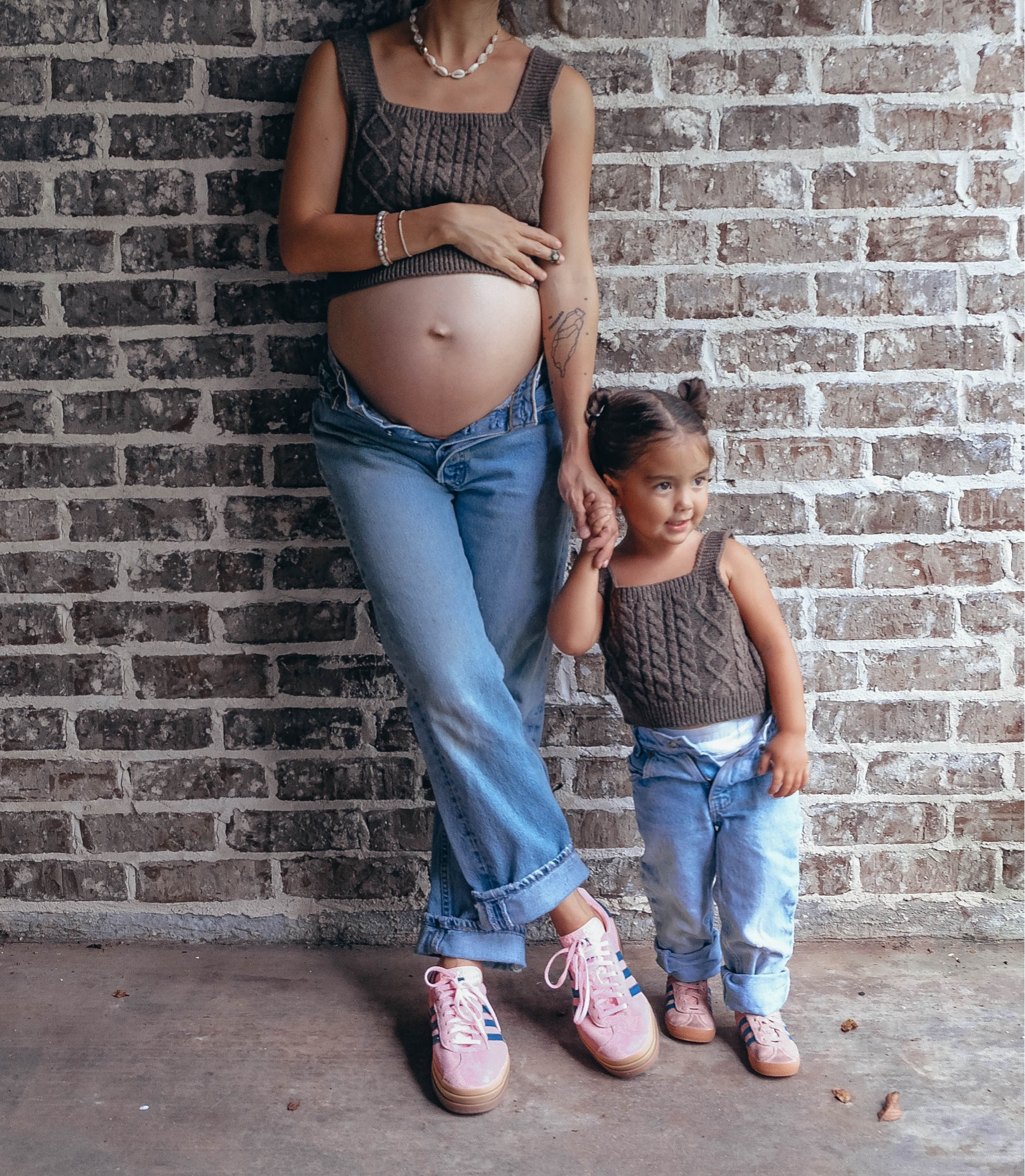 Matching with my mini bestie! 🤎🤍 
Is it the matching pink Adidas or the relatable unzipped jeans for you? 😂❤️ 
