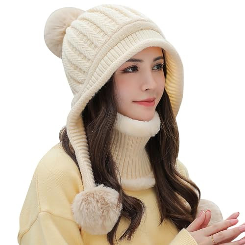 HUAMULAN Women Winter Beanie Hat Circle Scarf Set Pompoms Peruvian Ski Snow Ear Flaps Sherpa Knit Hats Neck Warmer Set Skull Headwear, Fits Small to Medium Head | Amazon (US)