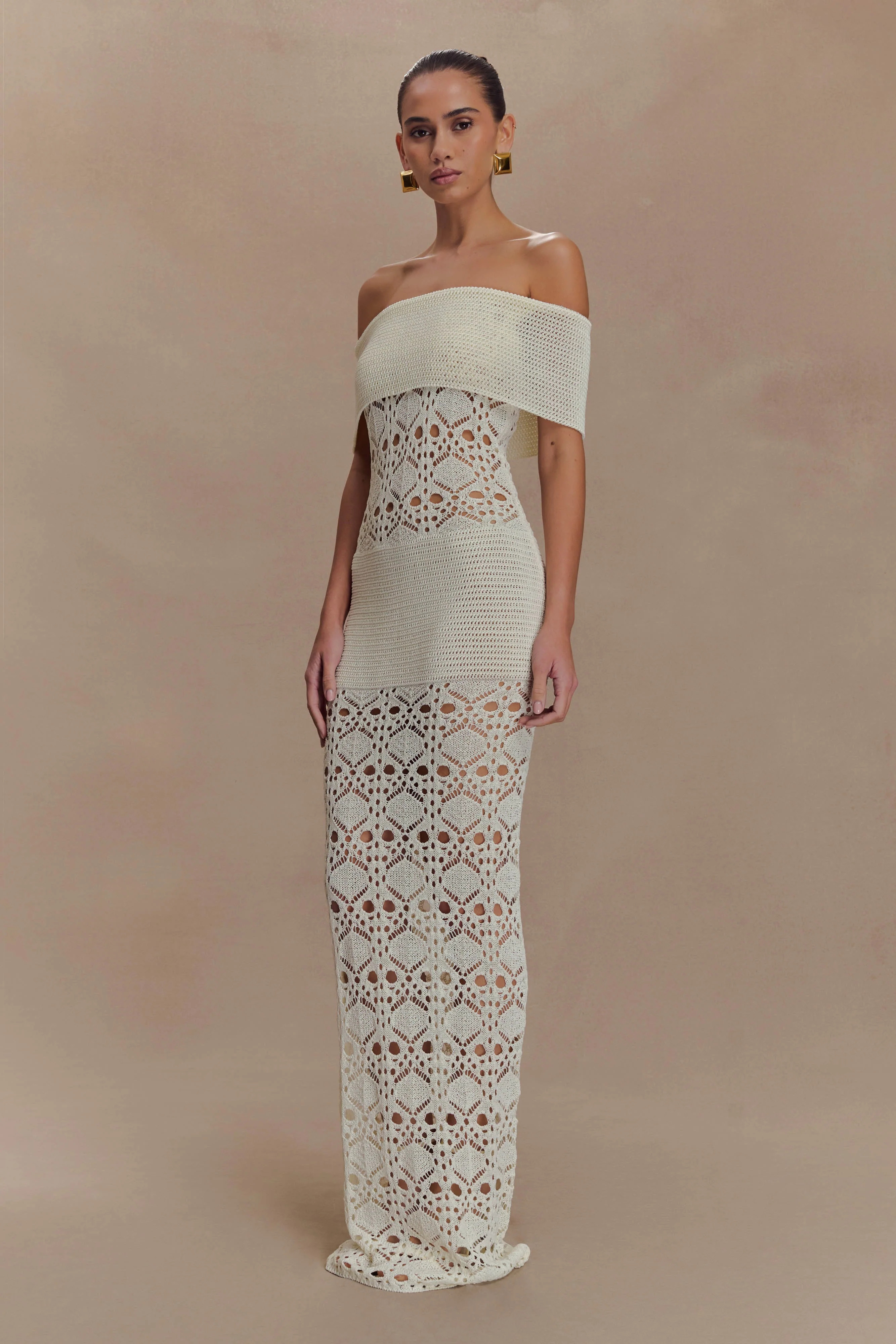 Off Shoulder Crochet Knit Maxi Dress - Ivory | MESHKI US