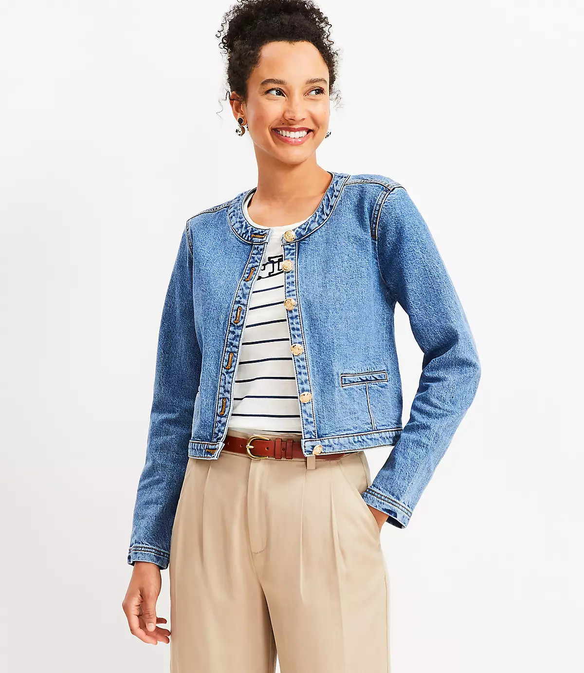 Collarless Denim Jacket in Bright Medium Stone Wash | LOFT