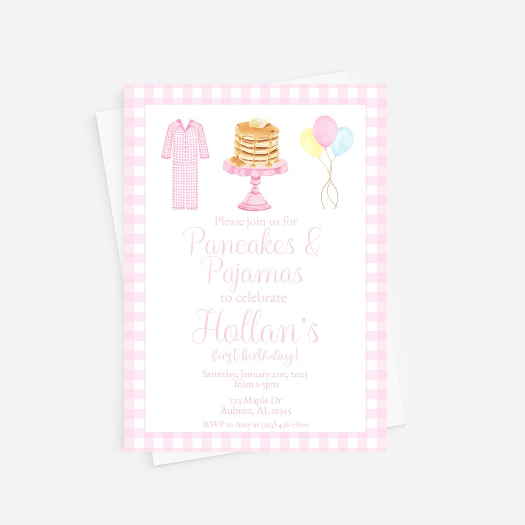 Pancakes & Pajamas Girl Birthday Invitation | Pink Gingham | Digital Download | H108 | Etsy (US)