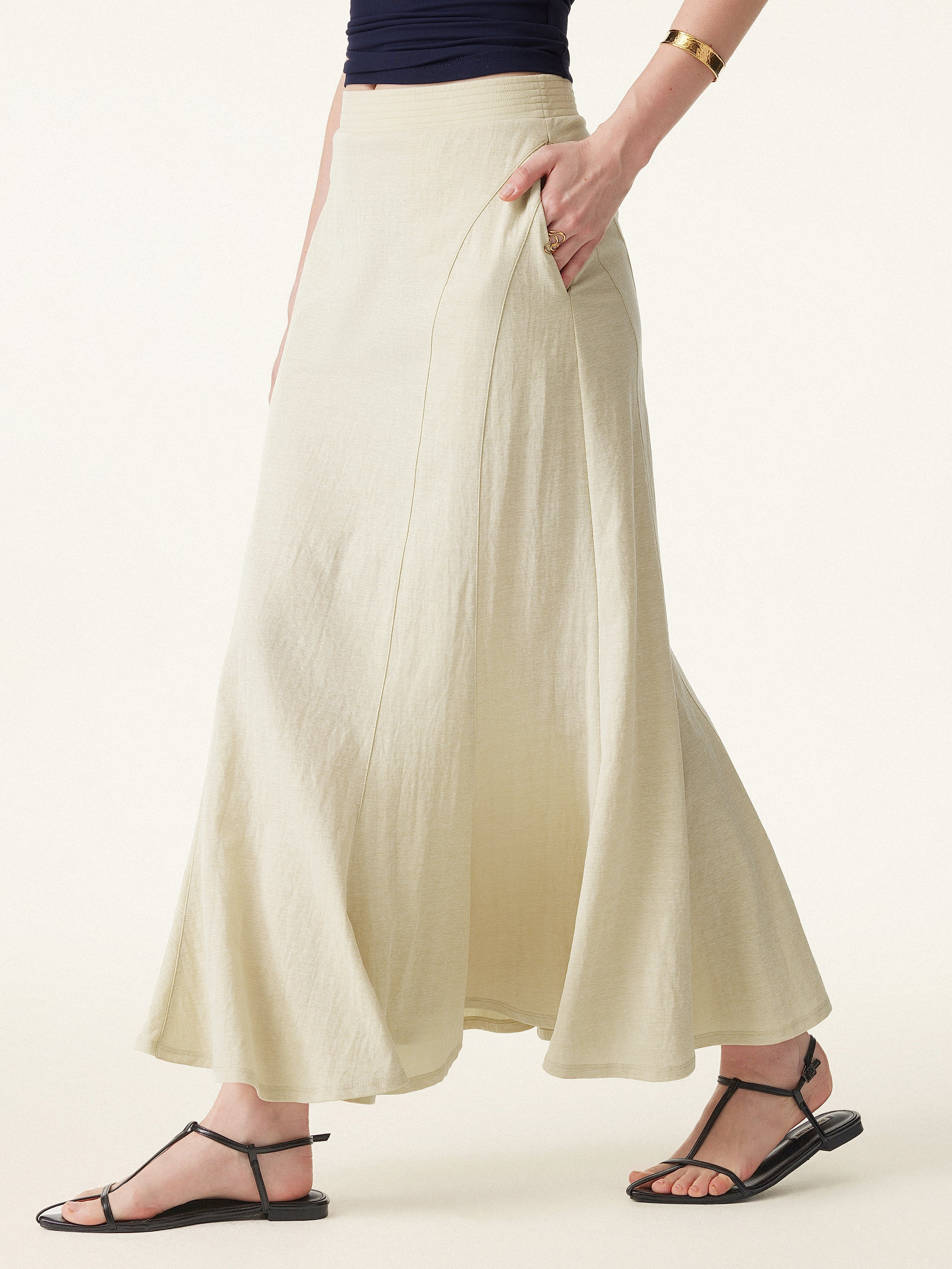 Wrinkle-resistant Cotton-linen Pull-on Midi Skirt | OGLmove