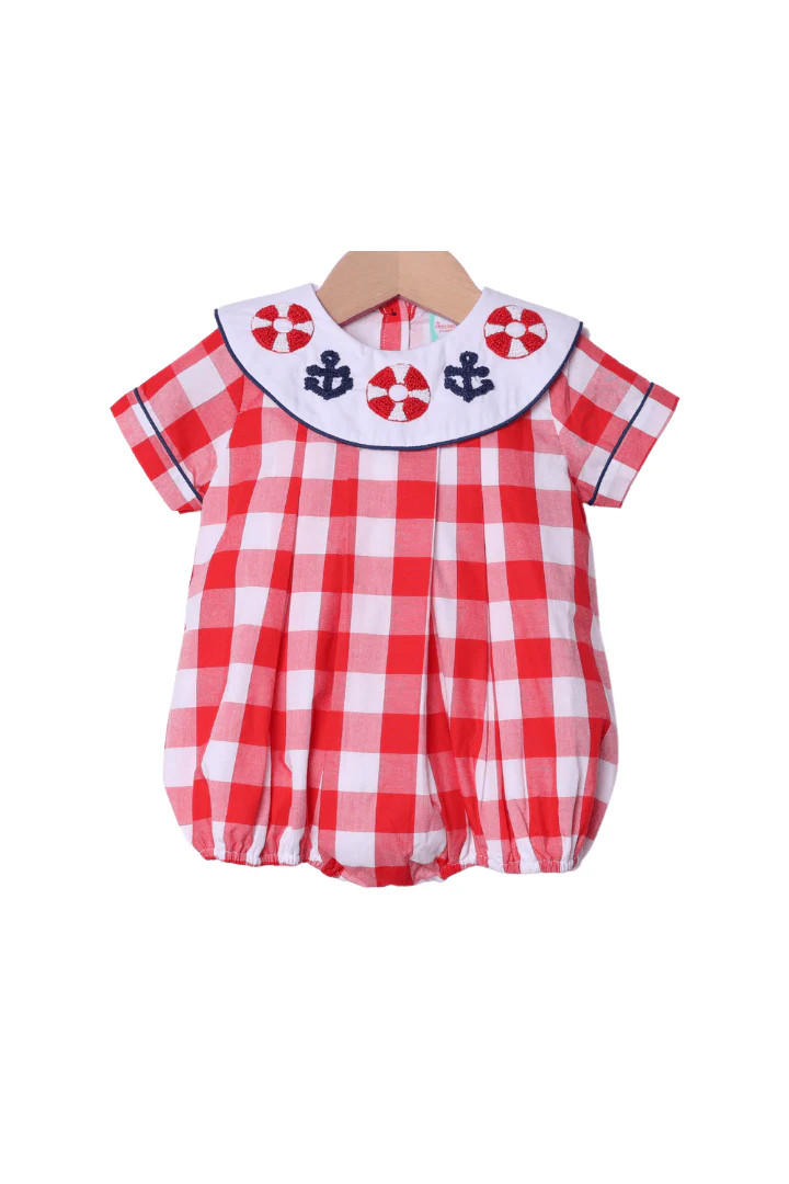 French Knot Anchor's Away Red Gingham Bubble | The Smocked Flamingo