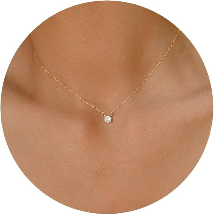 Tewiky Diamond Necklaces for Women, Dainty 14k Gold/Sterling Silver Choker Necklace Simple Gold P... | Amazon (US)