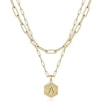 Dainty Layered Initial Necklaces for Women, 14K Gold Plated Paperclip Chain Necklace Simple Cute Hex | Amazon (US)