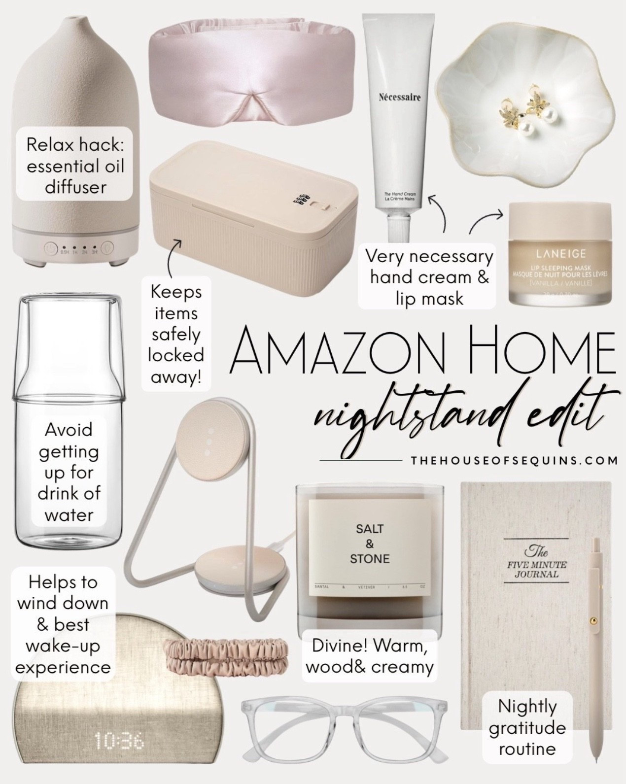 Shop Amazon home nightstand essentials! Bedtime routine must haves, Hatch alarm clock, gratitude journal, safe lock box, essential oil diffuser, trinket dish, beauty favorites, bedside water carafe, silk eye mask, wireless phone charger, wellness gifts for her and more! 

Comment SHOP below to receive a DM with the link to this post on my LTK ⬇ https://liketk.it/5k7yo #ltksalealert #ltkfindsunder50 #ltkhome

Follow my LTK @thehouseofsequins on the @shop.LTK app to view this post and get my exclusive app-only content!

#liketkit 
@shop.ltk
https://liketk.it/5k7Ab