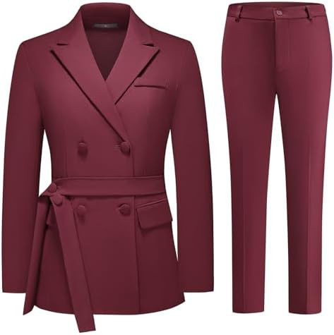 Lamgool Women Double Breasted Suit with Belt Business Casual 2 Pcs Blazer Jacket with Pants Set | Amazon (US)