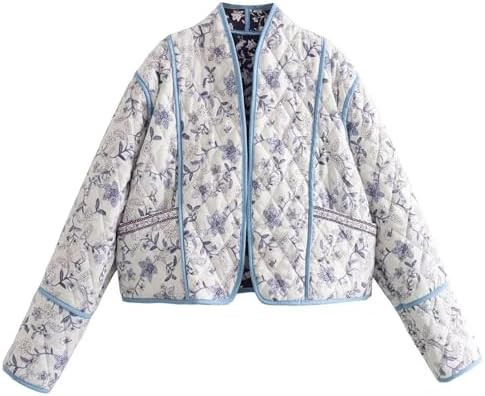 Wyeysyt Women's Cropped Puffer Quilted Jacket Cardigan Floral Printed Lightweight Long Sleeve Ope... | Amazon (US)