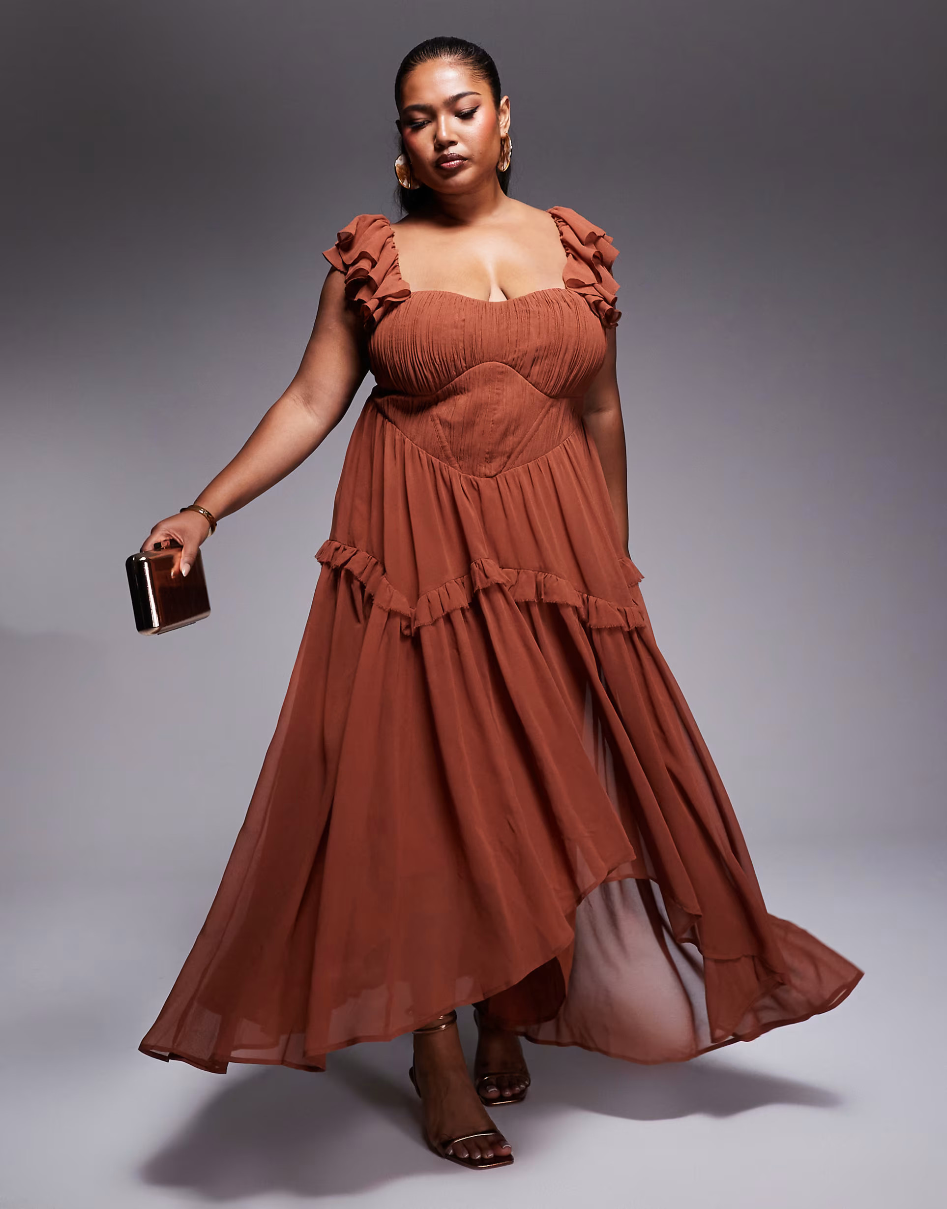 ASOS DESIGN Curve flutter sleeve high low midi dress in mocha | ASOS (Global)