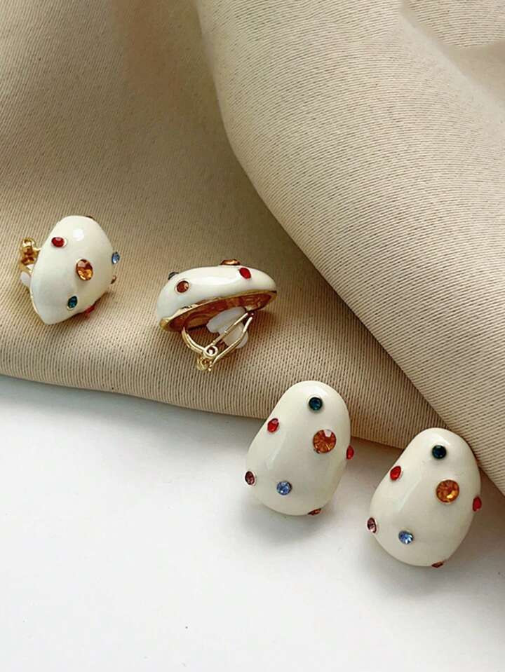 White Enamel Colorful Rhinestone Earrings For Women, S925 Silver Needle, Cream Puff Shaped, Delicate Unique Design Ear Studs | SHEIN