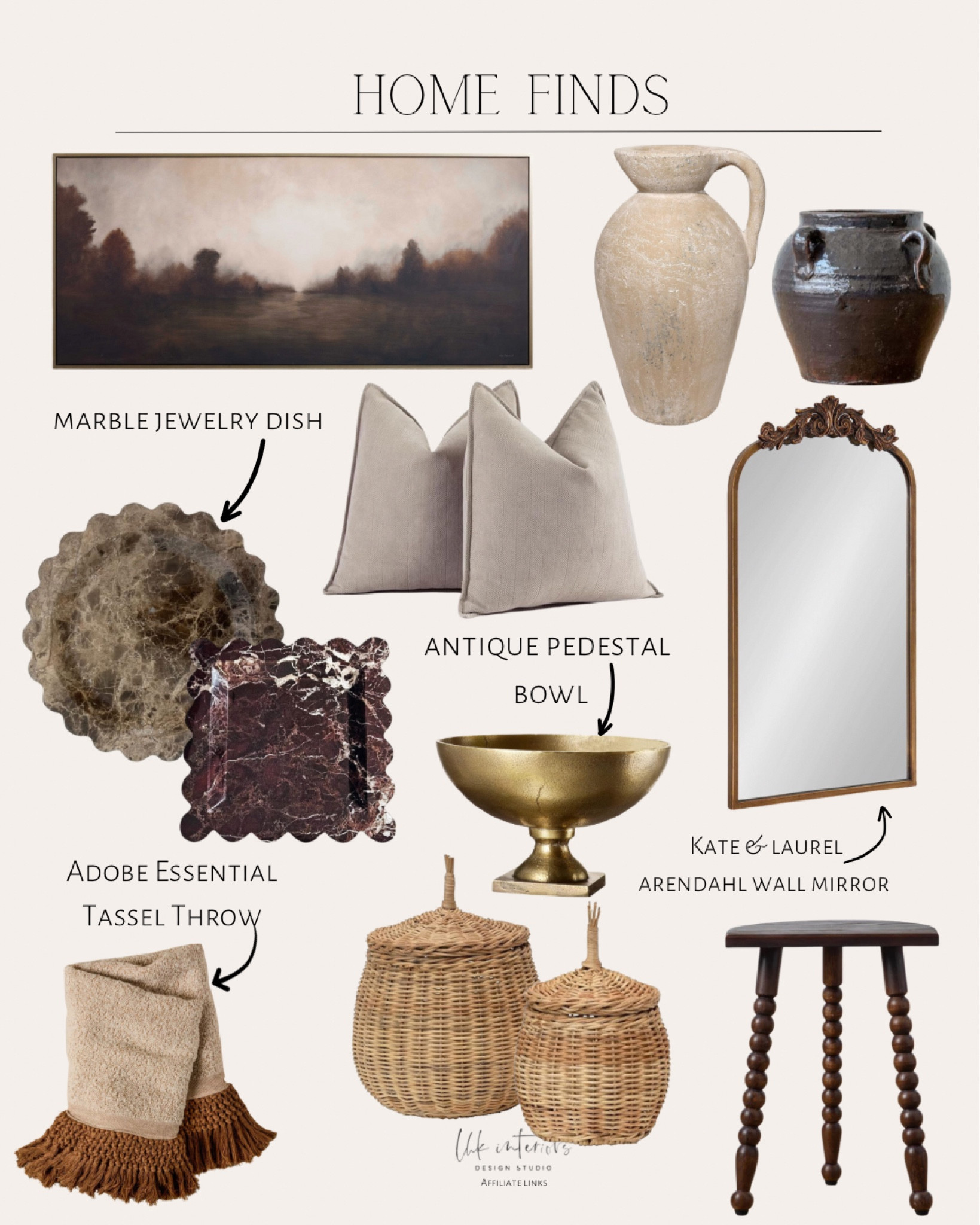 Home Finds 
Kate & Laurel Arendahl traditional arch mirror / Alice wood stool / adobe essential tassel throw / Warrenton found clay jar / beige pillow covers set of 2 / co-op hand woven wicker basket / antique bras pedestal bowl / scalloped edge marble tray / marble jewelry dish / grassland shadow framed print / ceramic vase 

#LTKhome