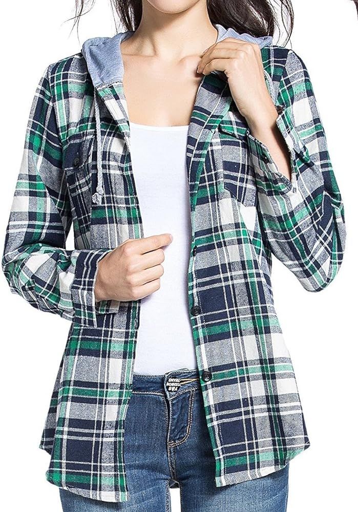 BomDeals Women's Classic Plaid Cotton Hoodie Button-up Flannel Shirts | Amazon (US)