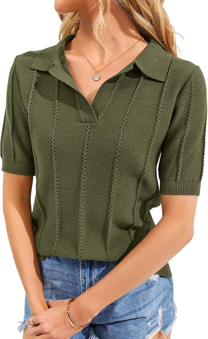 Tutorutor Short Sleeve Sweater for Women Lightweight V Neck Crochet Knit Polo T Shirts Summer Eye... | Amazon (US)