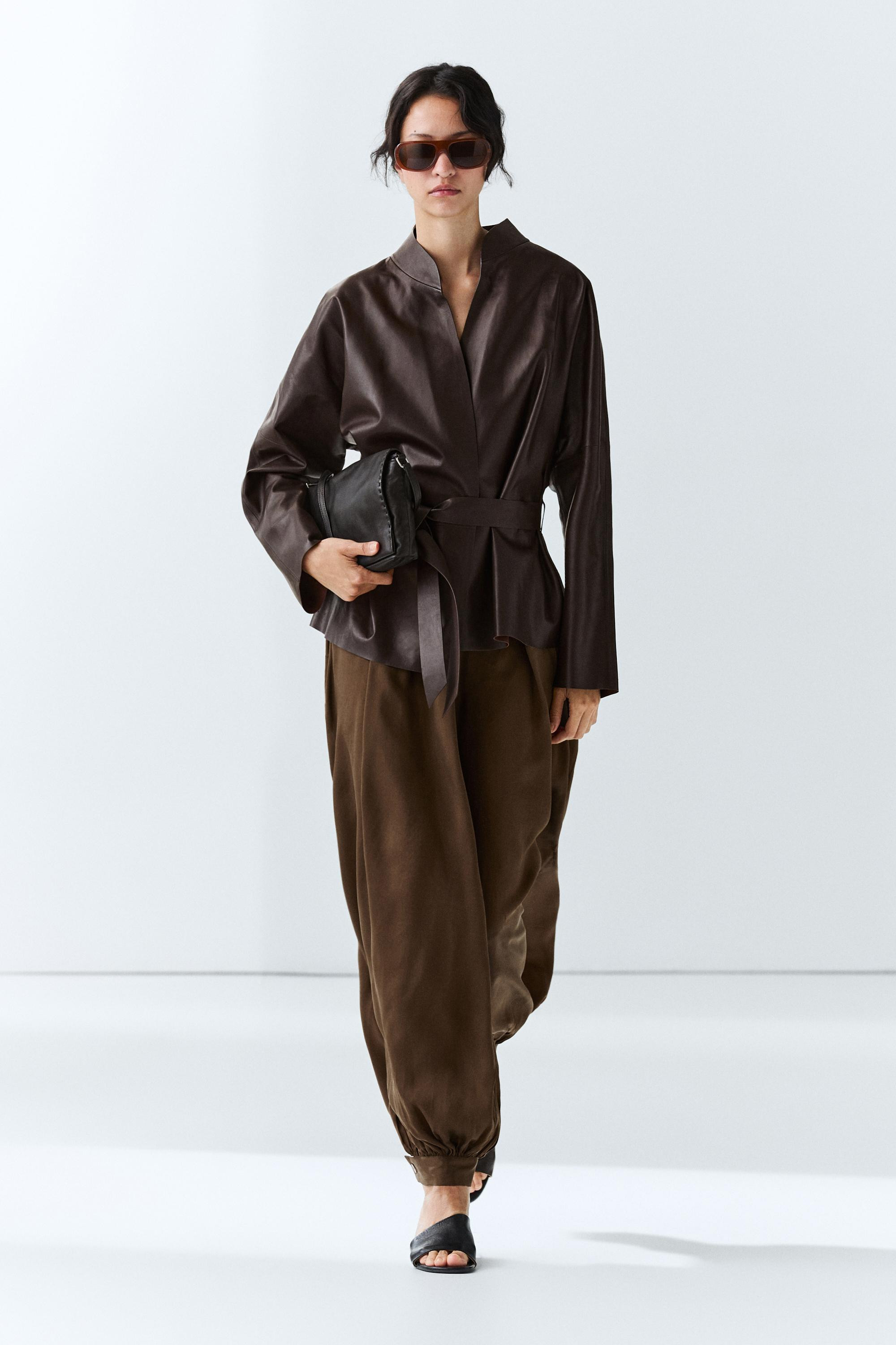 Wrap-front nappa leather jacket with tie detail | Massimo Dutti UK