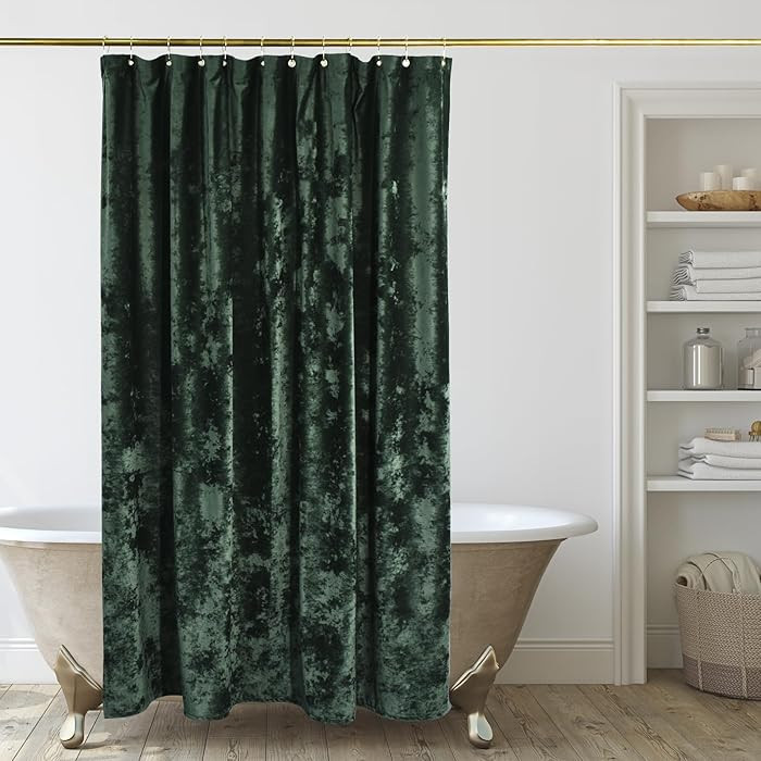 TAMGHO Crushed Velvet Shower Curtain, Dark Green Luxury Shower Curtain with Gold Decro Metal Hook... | Amazon (US)