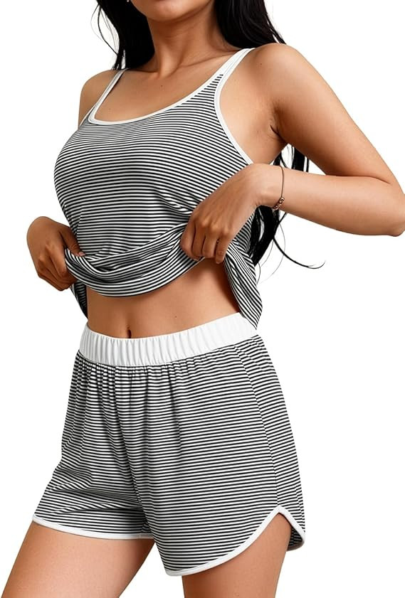 JUSTFASHIONNOW Womens Striped Tank Top Pajama Set 2 Piece Summer Cami and Shorts Pjs Set Comfy Sl... | Amazon (US)